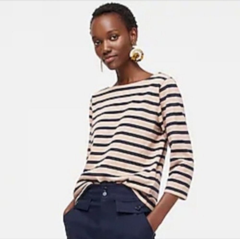 J. Crew Navy Blue & Tan Striped Blouse 100% Cotton Size S